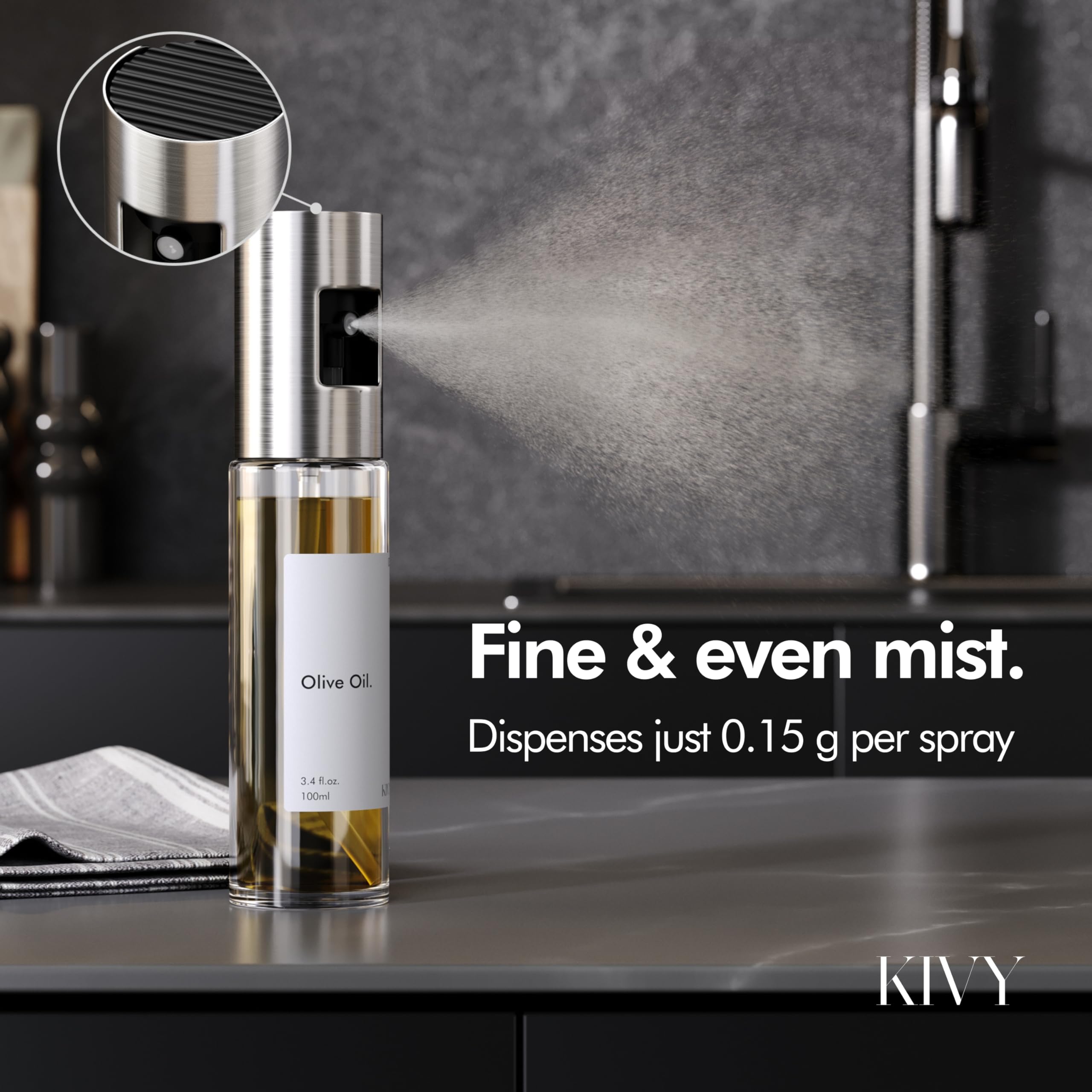 KIVY glass oil sprayer with Olive Oil label for light, even dressings