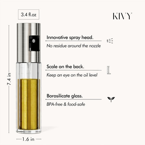 KIVY glass oil sprayer with Peanut Oil label helps minimize usage while cooking