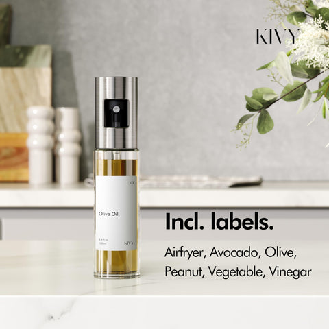 KIVY glass oil sprayer with Vinegar label for splash-free seasoning