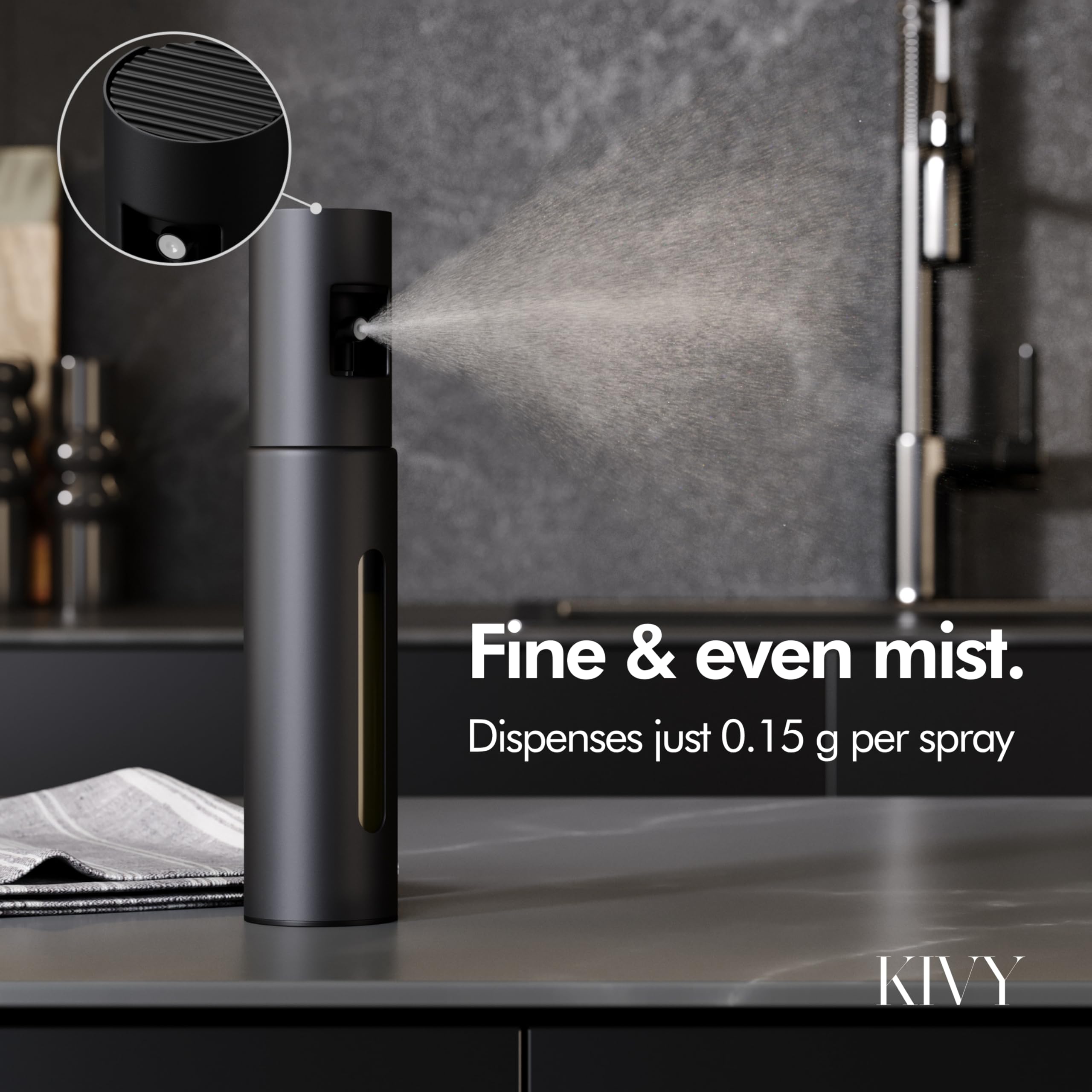 KIVY spray nozzle close-up highlights even mist for sautéing