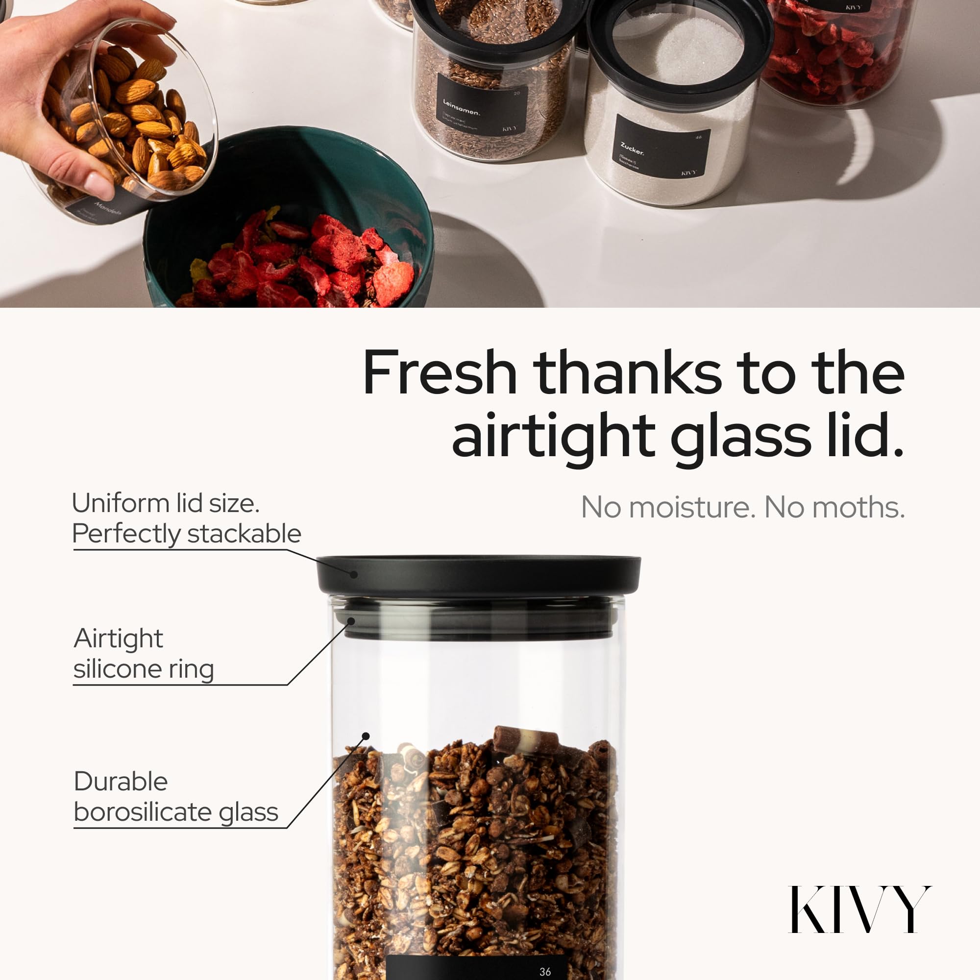 KIVY kitchen storage glass jars keep pasta, flour, and snacks organized.