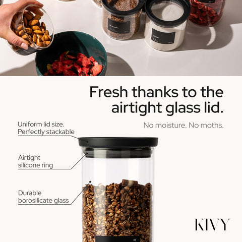 KIVY kitchen storage glass jars keep pasta, flour, and snacks organized.