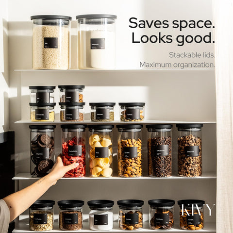KIVY labeled glass jars help identify contents at a glance.