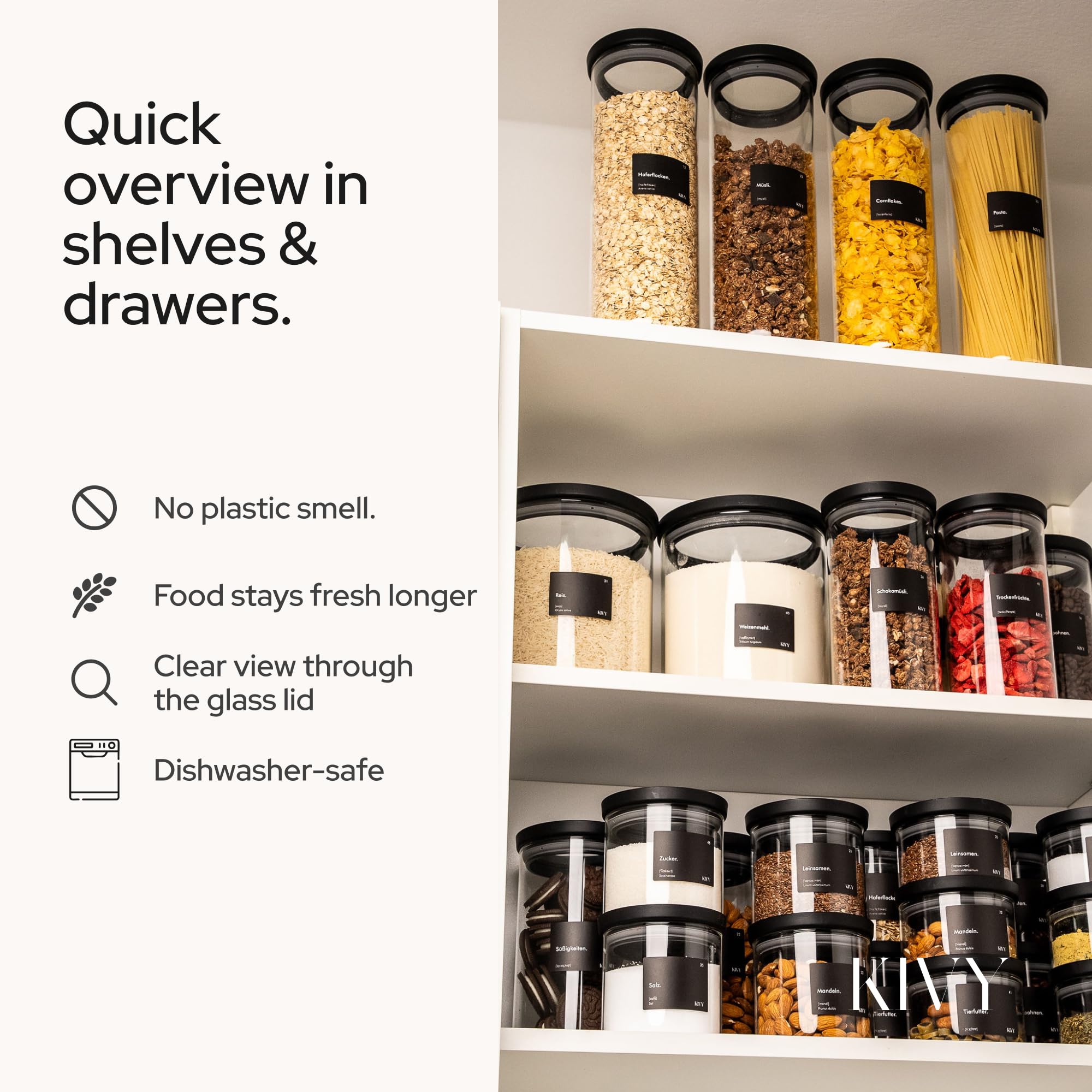 KIVY stackable glass canisters maximize shelf space with elegant design.