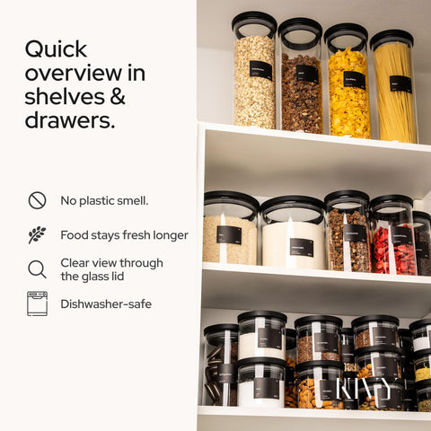KIVY stackable glass canisters maximize shelf space with elegant design.