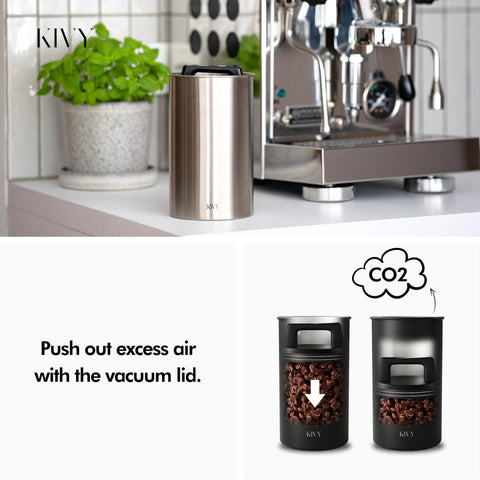 KIVY stainless steel coffee canister seal keeps air out for longer freshness