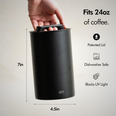KIVY stainless steel coffee container with airtight seal preserves flavor.