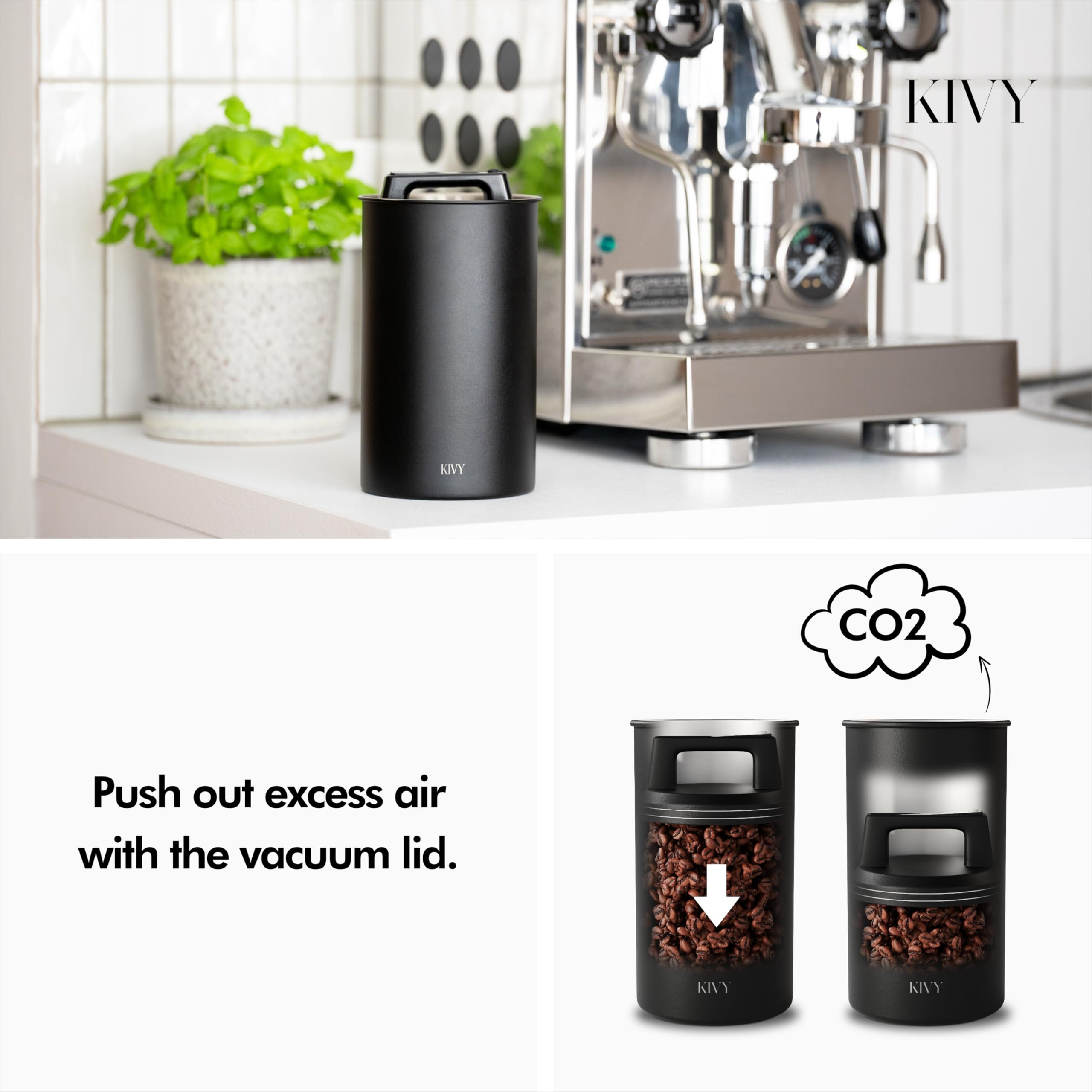 KIVY stainless steel coffee storage container showing airtight seal preserves aroma