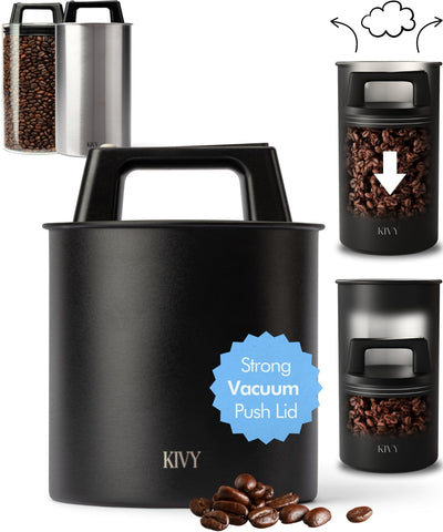 KIVY vacuum coffee canister, front view, preserves aroma with a premium airtight stainless steel build.