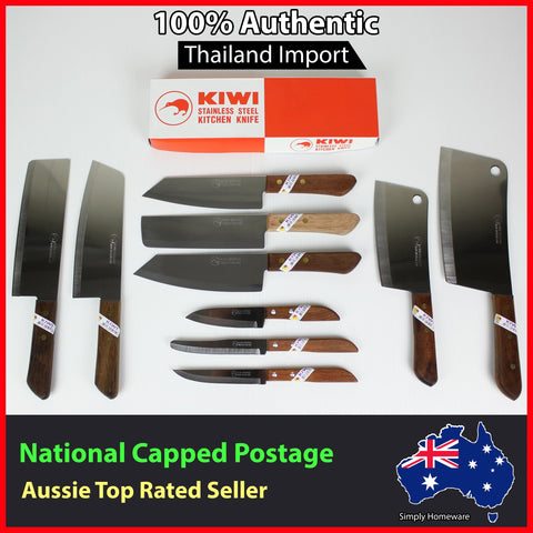 KIWI knife with natural wood handle demonstrates comfortable, balanced grip.