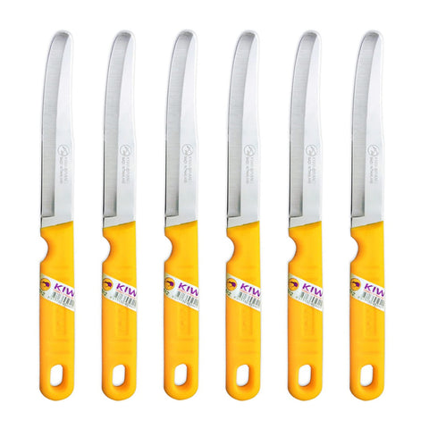 Kiwi SET 512 knives in action with silver blades and yellow handles for versatile fruit tasks.