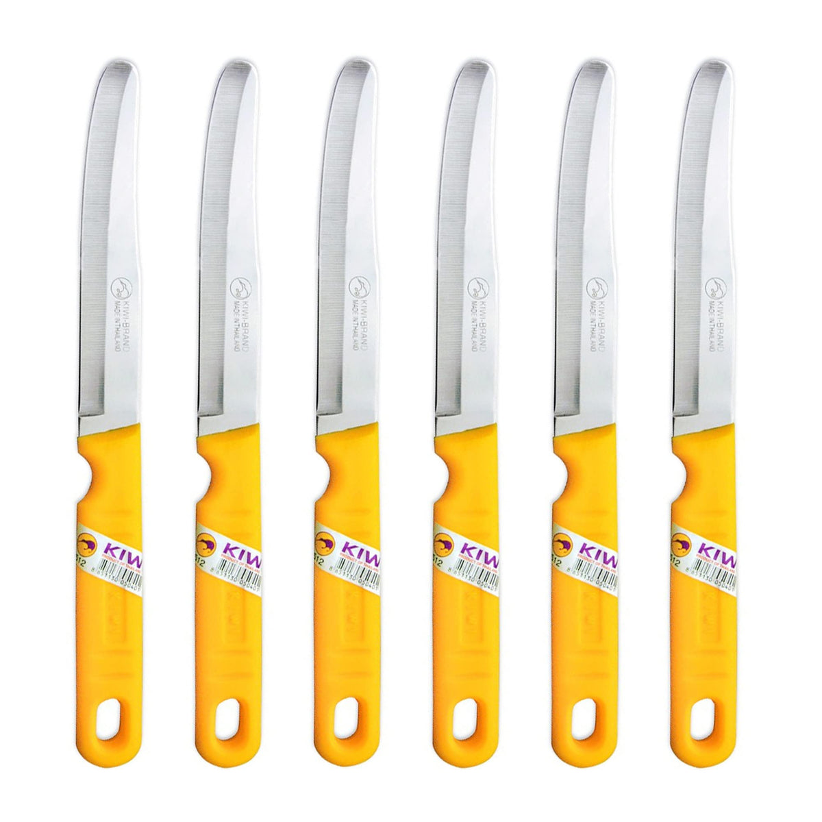 Kiwi SET 512 six-piece fruit knives with silver blades and yellow handles for precise fruit prep.