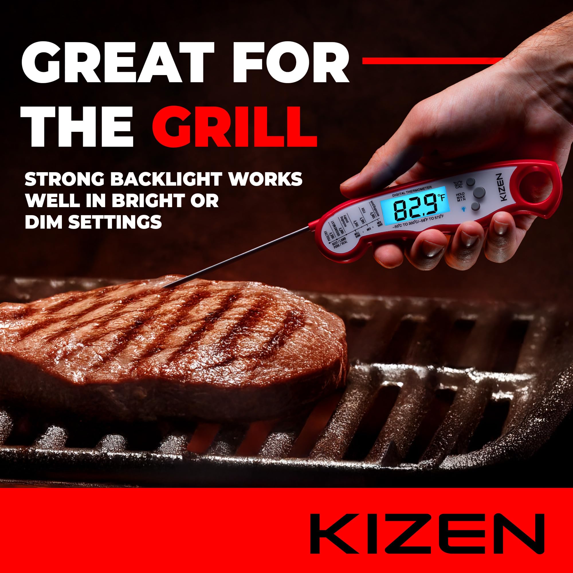 KIZEN fold-out probe provides precise temps on grill, oven, or stove