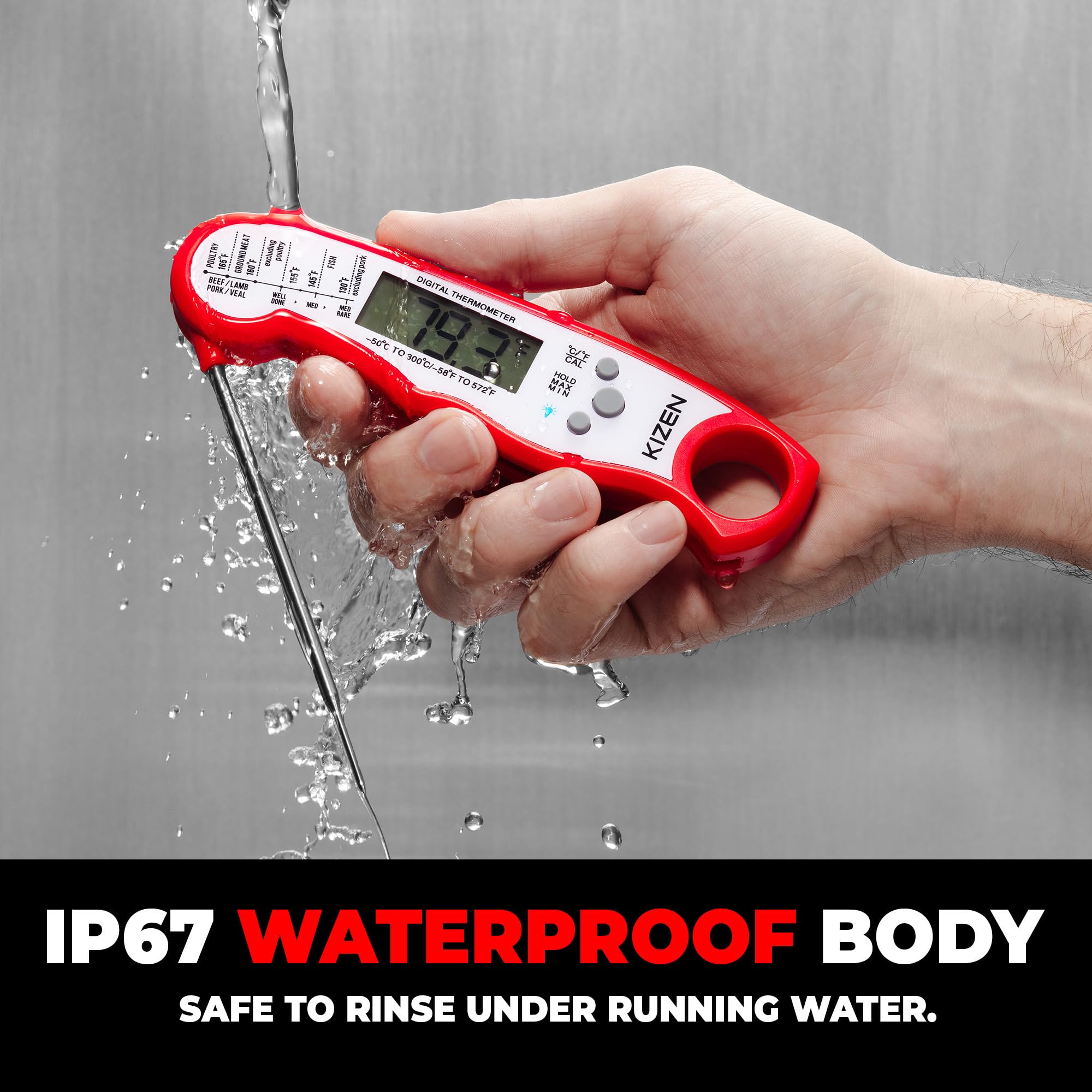 KIZEN magnetic back keeps the thermometer handy on metal surfaces