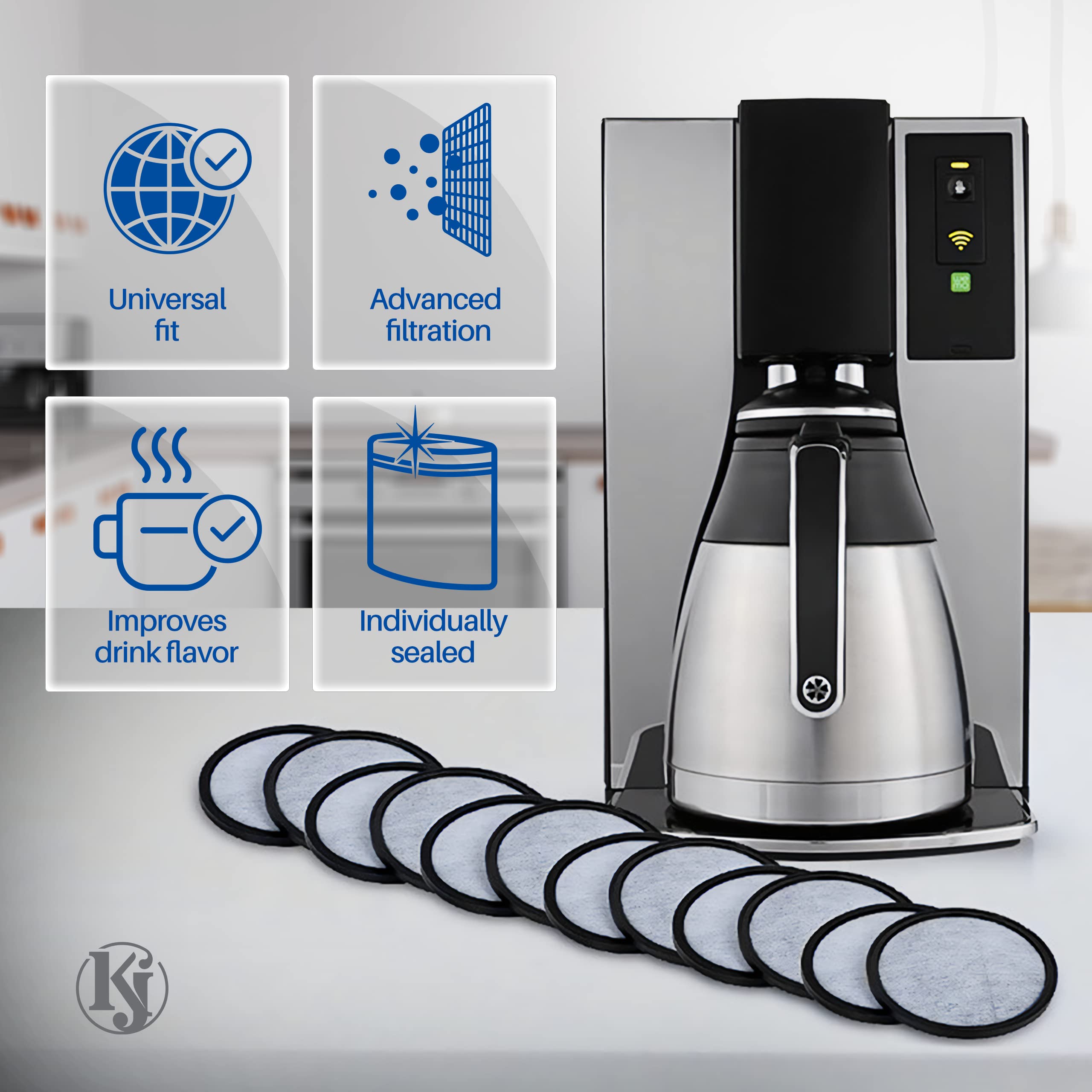 K&J Mr. Coffee charcoal disc filter reduces chlorine and odors for better flavor.