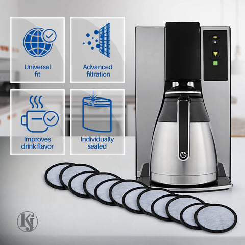K&J Mr. Coffee charcoal disc filter reduces chlorine and odors for better flavor.