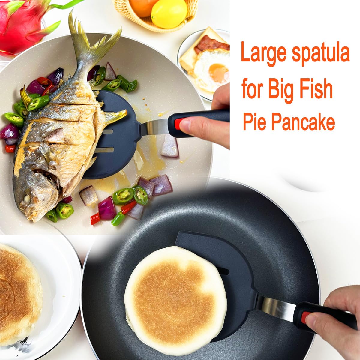 KLAQQED large pancake-burger spatula for flipping thick patties and fluffy pancakes.