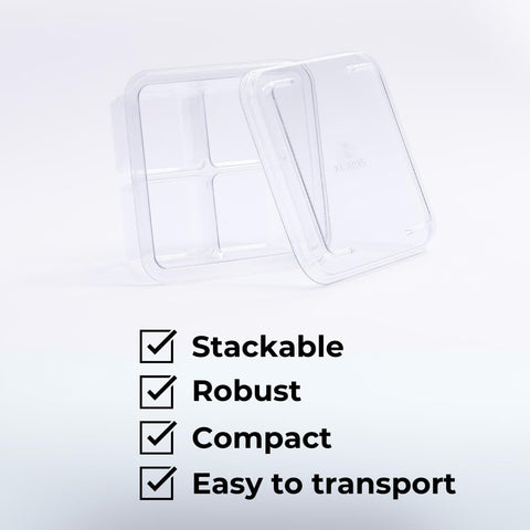 Klaris stackable cube storage saves space when storing multiple batches.
