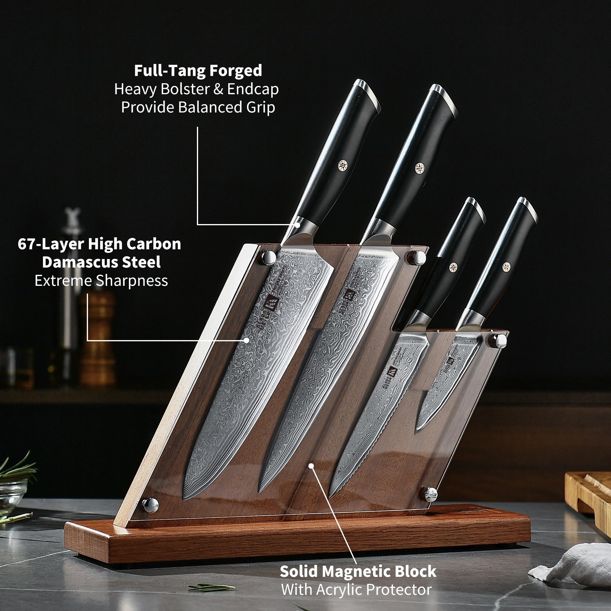 Klaus Meyer magnetic block with acrylic protector keeps knives organized and safe.