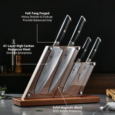 Klaus Meyer magnetic block with acrylic protector keeps knives organized and safe.