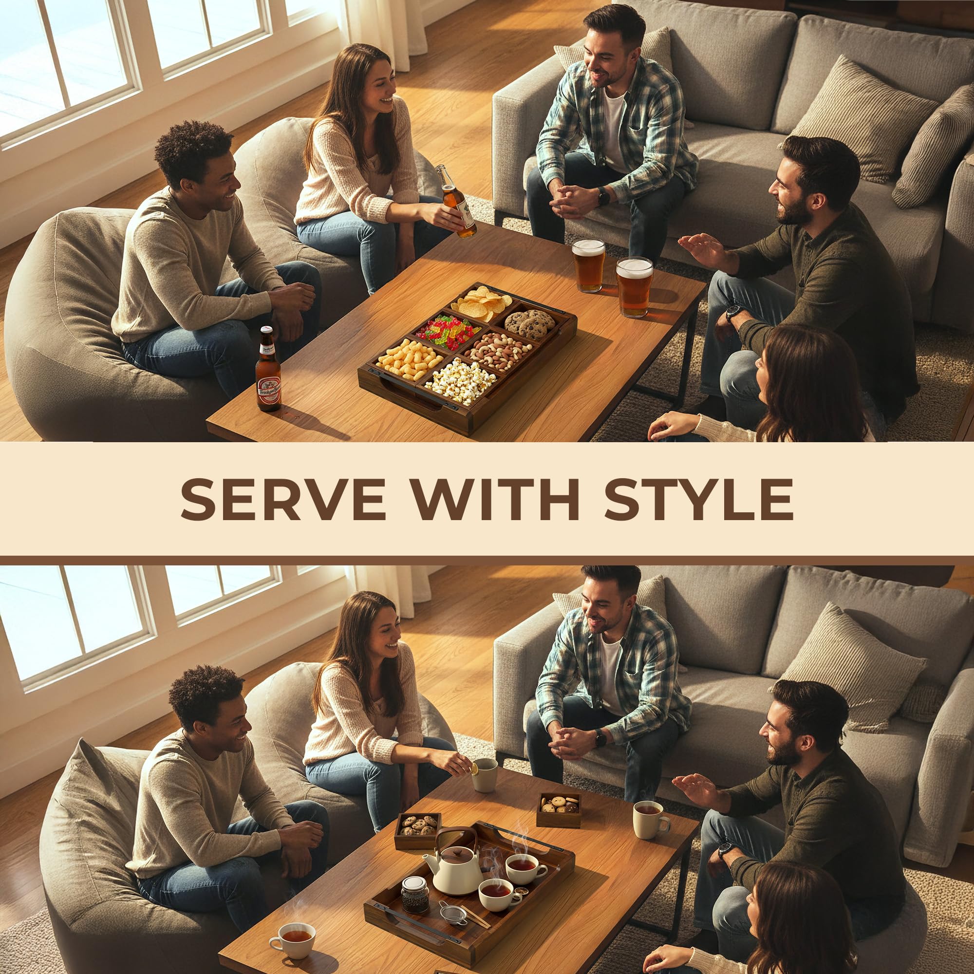 Klavio acacia charcuterie tray with removable snack sections for easy access.