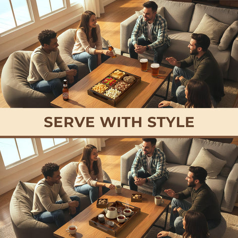 Klavio acacia charcuterie tray with removable snack sections for easy access.
