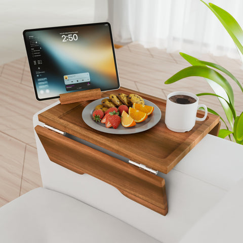 Klavio couch arm tray with clip-on design clips onto sofa arm for easy access.