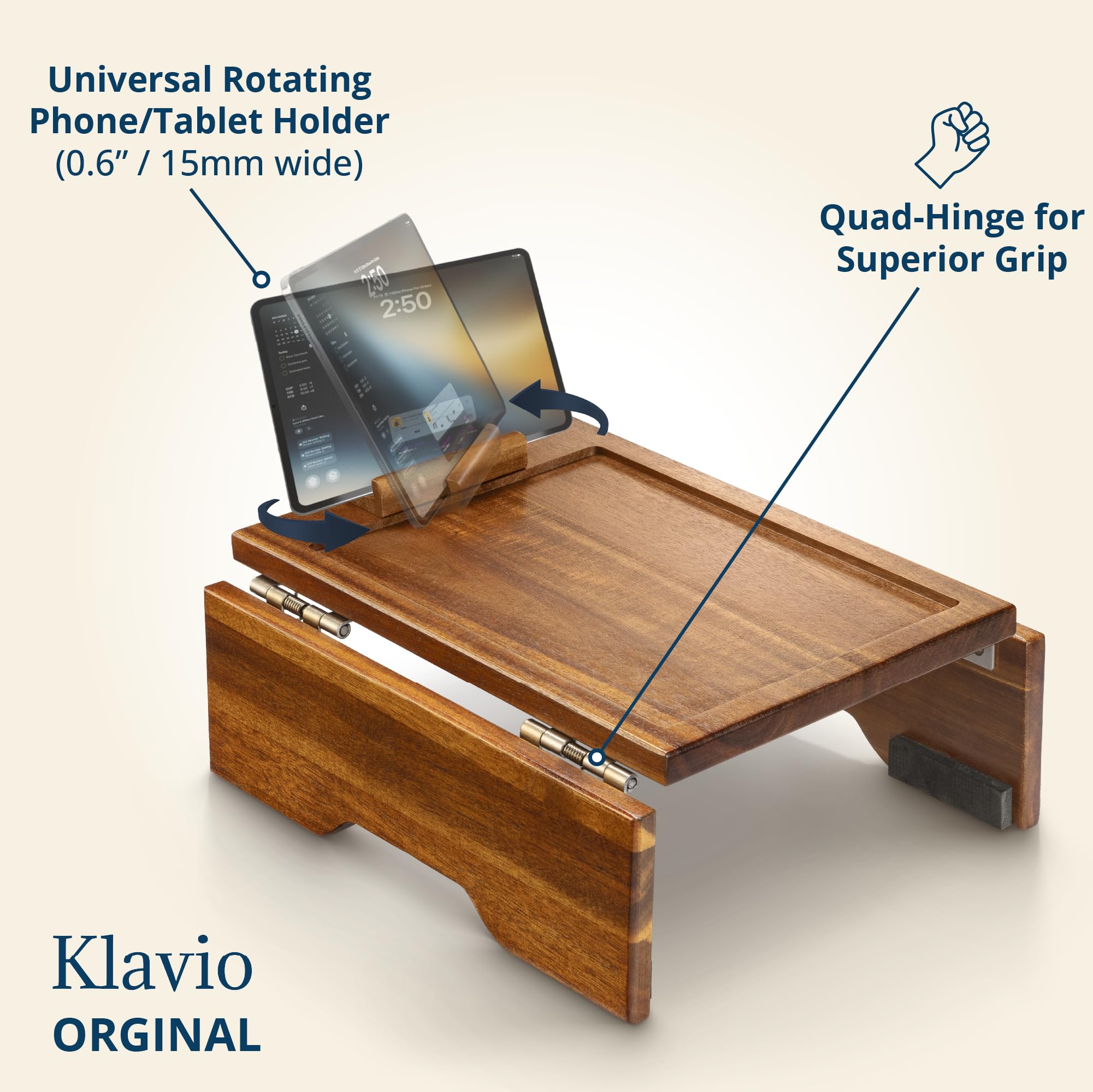 Klavio rotatable phone holder keeps devices at eye level during streaming.