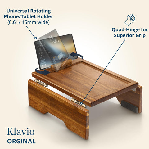 Klavio rotatable phone holder keeps devices at eye level during streaming.