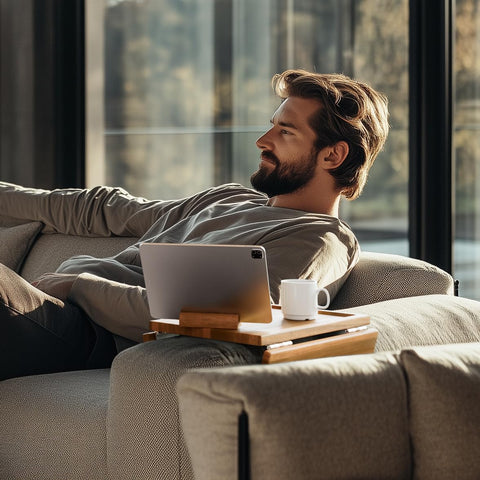 Klavio couch arm table tray surface holds drinks and snacks within reach.
