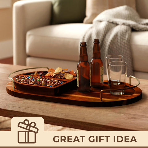 On a dining table with cheese and fruit using the Klavio tray for a party display.