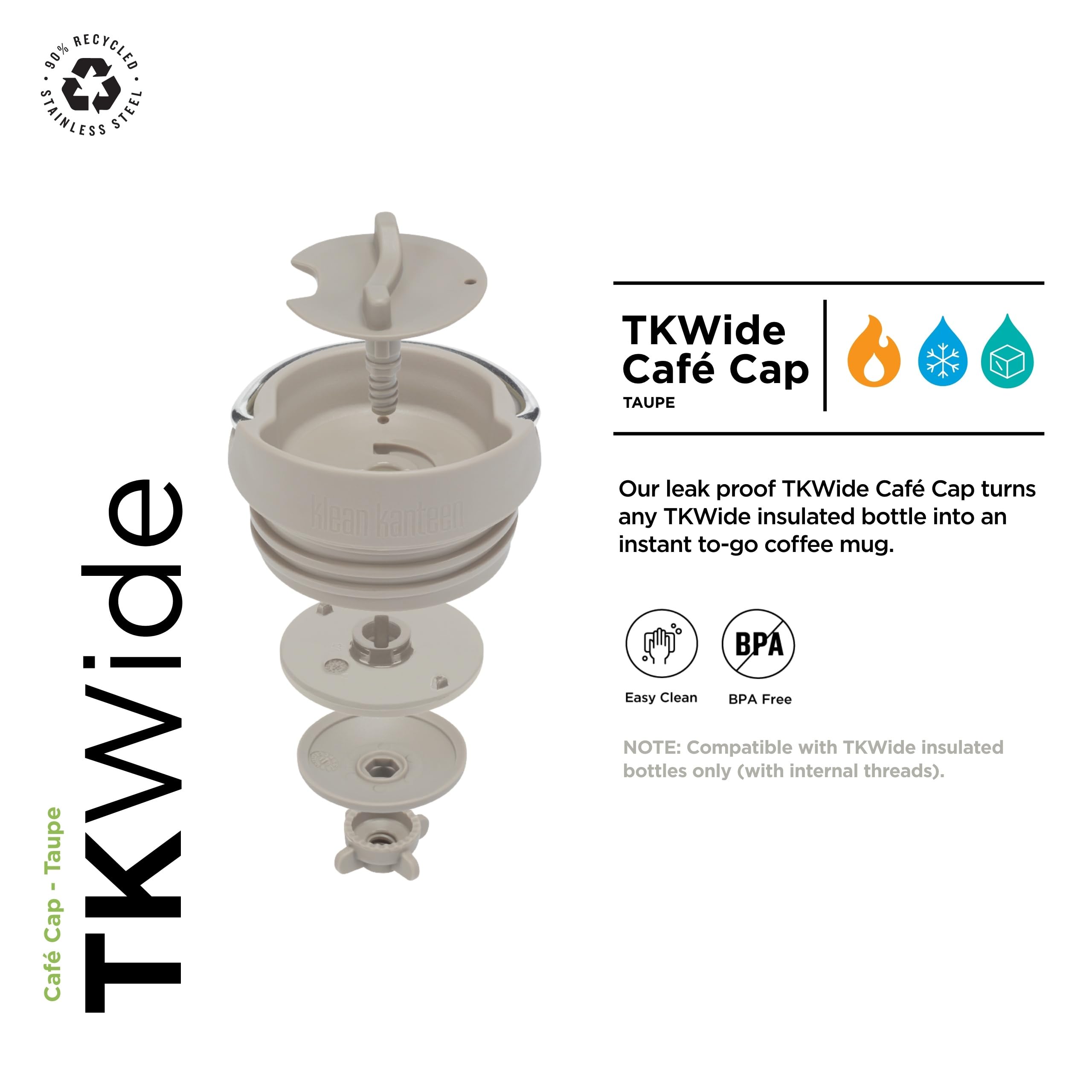 Klean Kanteen TKWide Café Cap exhibits stainless steel construction for lasting durability.