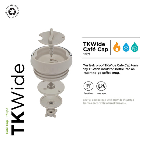Klean Kanteen TKWide Café Cap exhibits stainless steel construction for lasting durability.