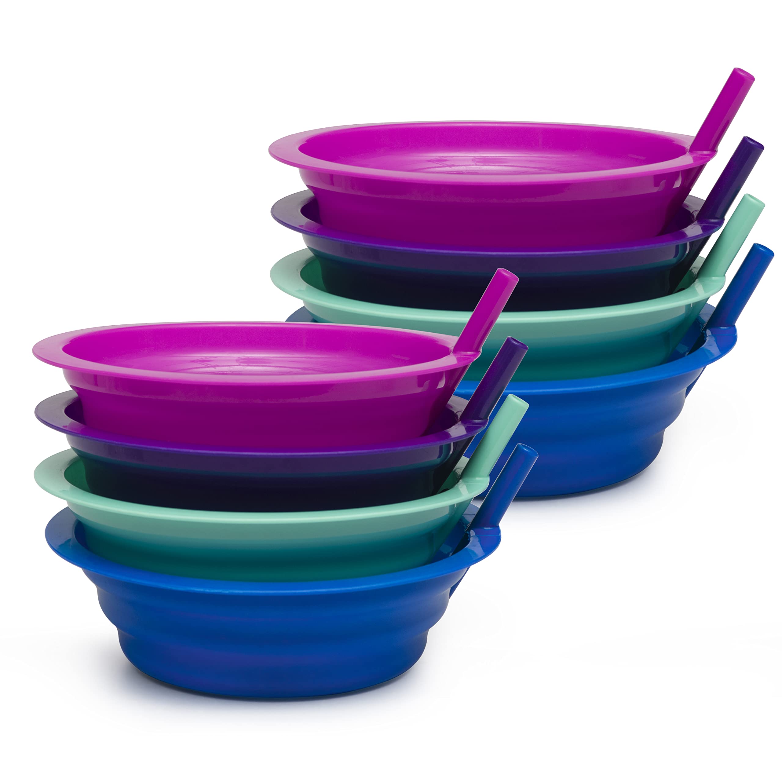 Klickpick Home soup bowls with built-in straws in bright colors for easy sipping at meals.
