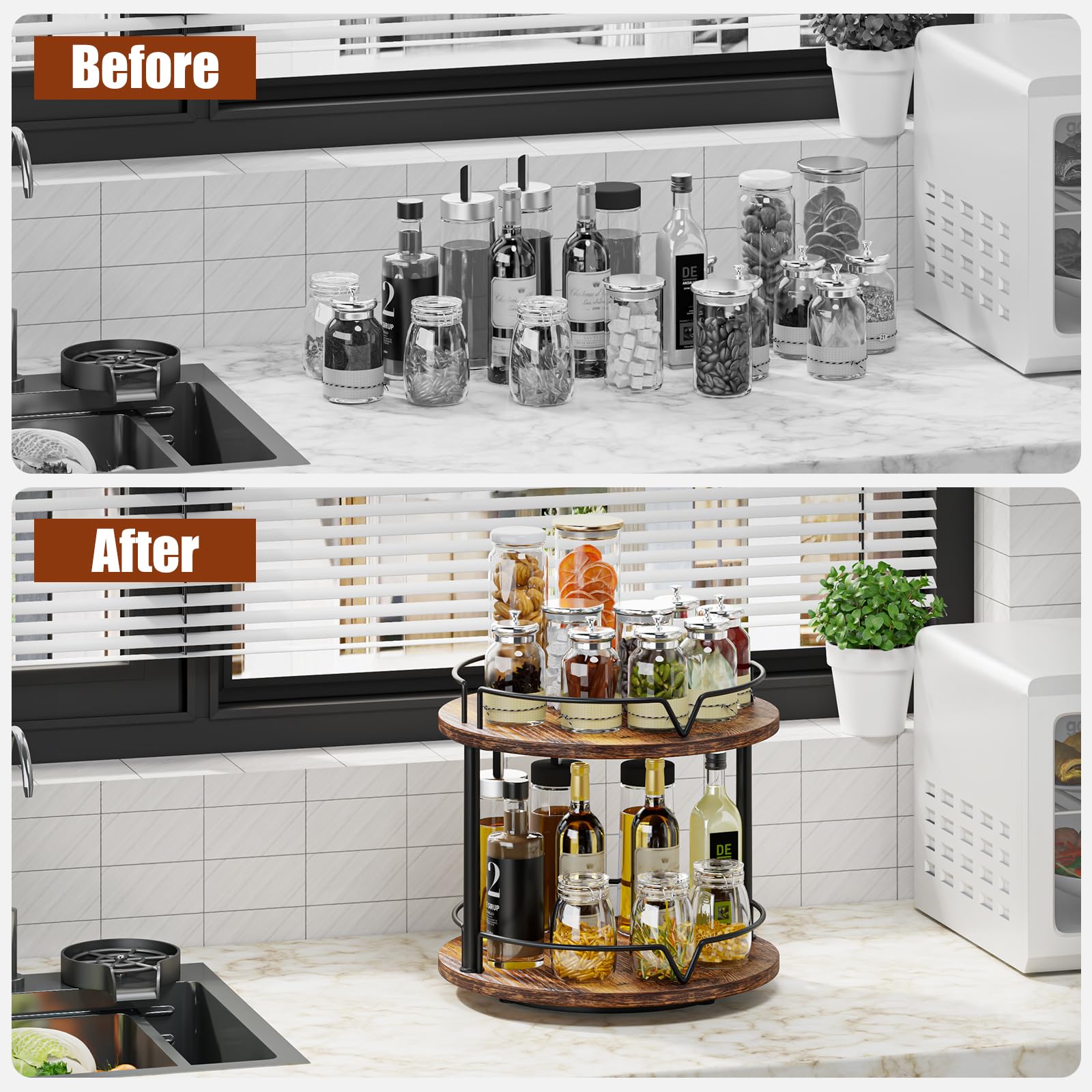KLM 12-inch wood lazy susan spices on rack keep pantry ingredients within reach.
