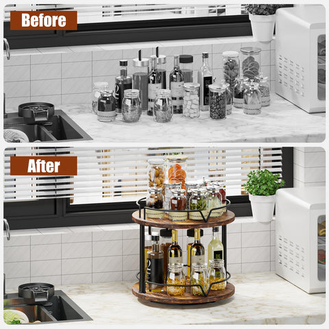 KLM 12-inch wood lazy susan spices on rack keep pantry ingredients within reach.