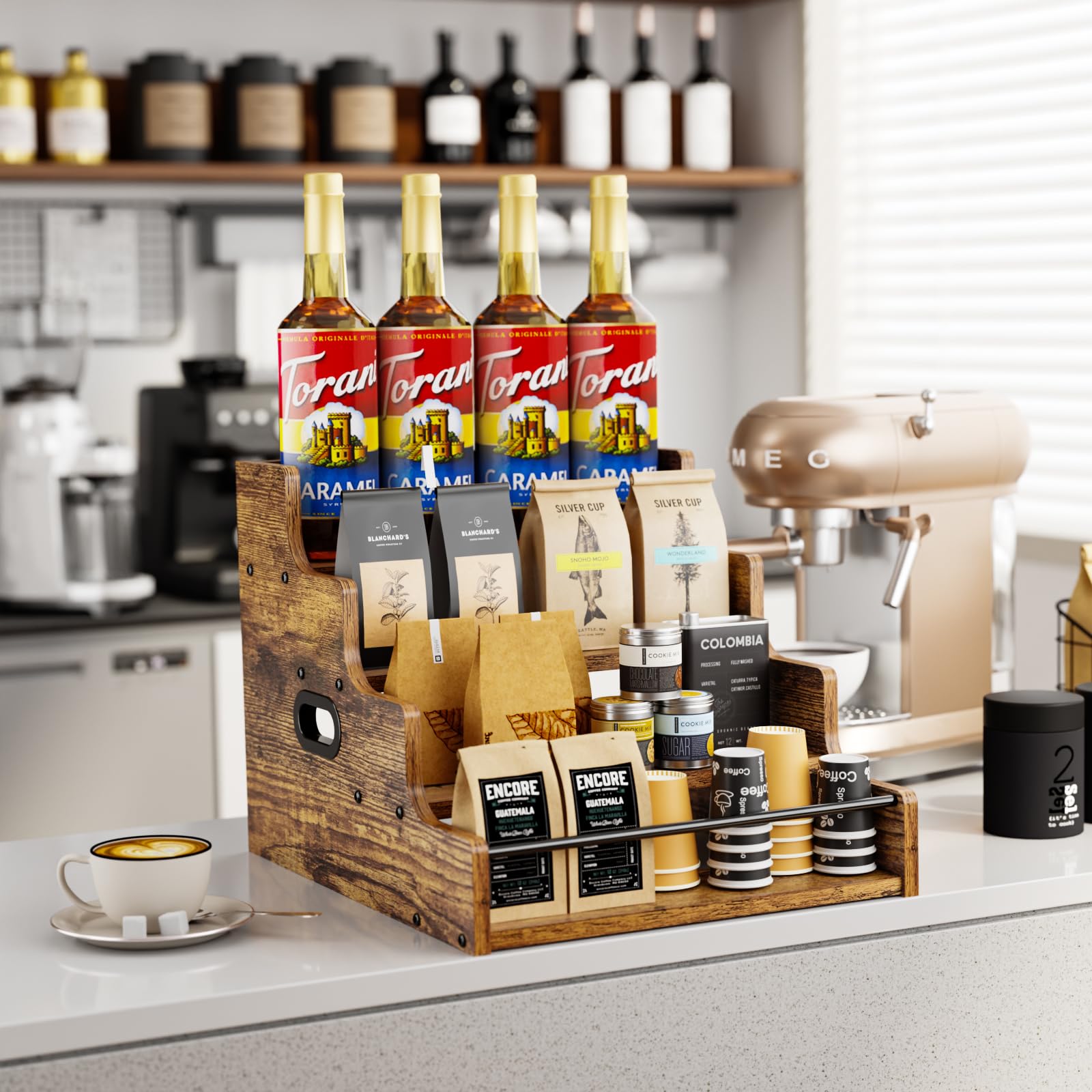 KLM 4-Tier Countertop Rack with clear bottle visibility for quick selection.