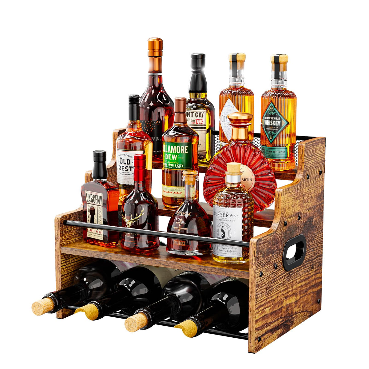 KLM 4-tier wood display shelf for organized liquor bottles on a compact countertop.