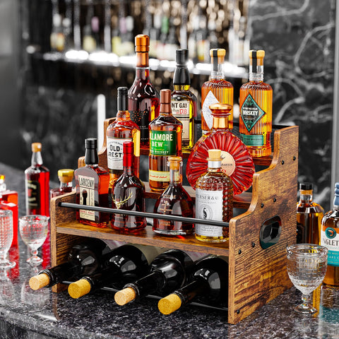 KLM black modern bottle organizer holds assorted bottles with a stylish, retro-inspired look.