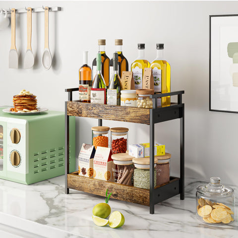 KLM coffee bar organizer shows wooden shelves for accessories and condiments.