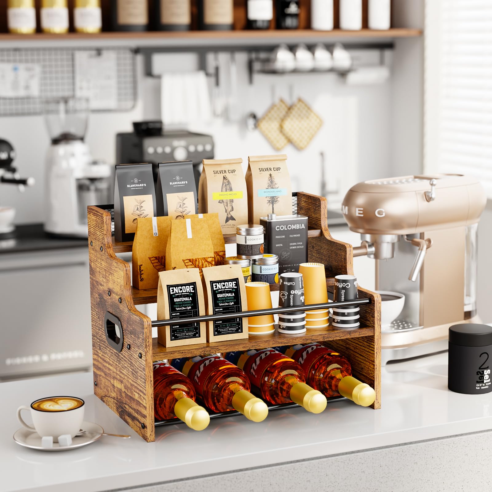 KLM coffee syrup display shelf adds organized storage for kitchen essentials.