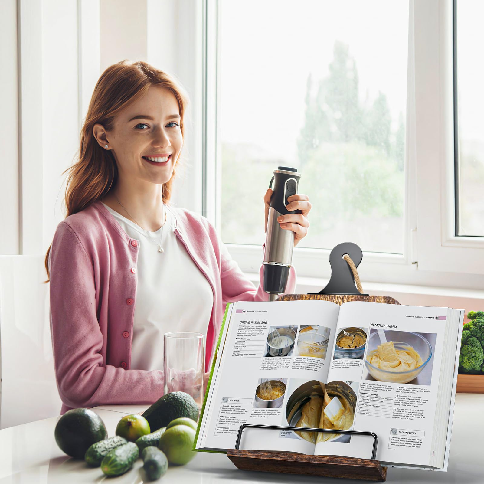 KLM cookbook stand adjustable tilt demonstrates customizable reading angle.