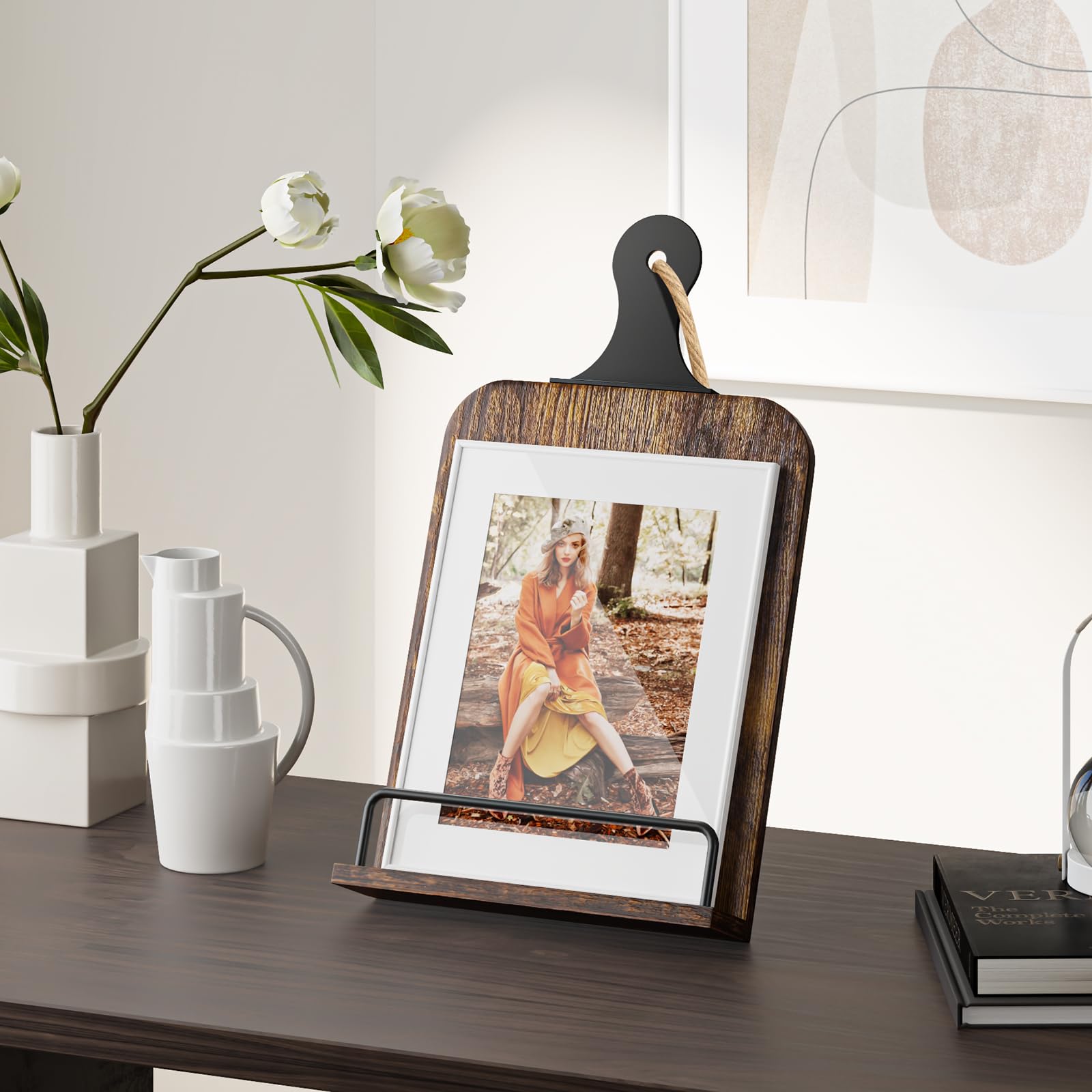 KLM multi-function cookbook stand holding tablet and cookbook.