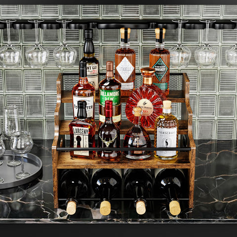 KLM countertop bar stand keeps liquor and syrups neatly displayed for quick access.