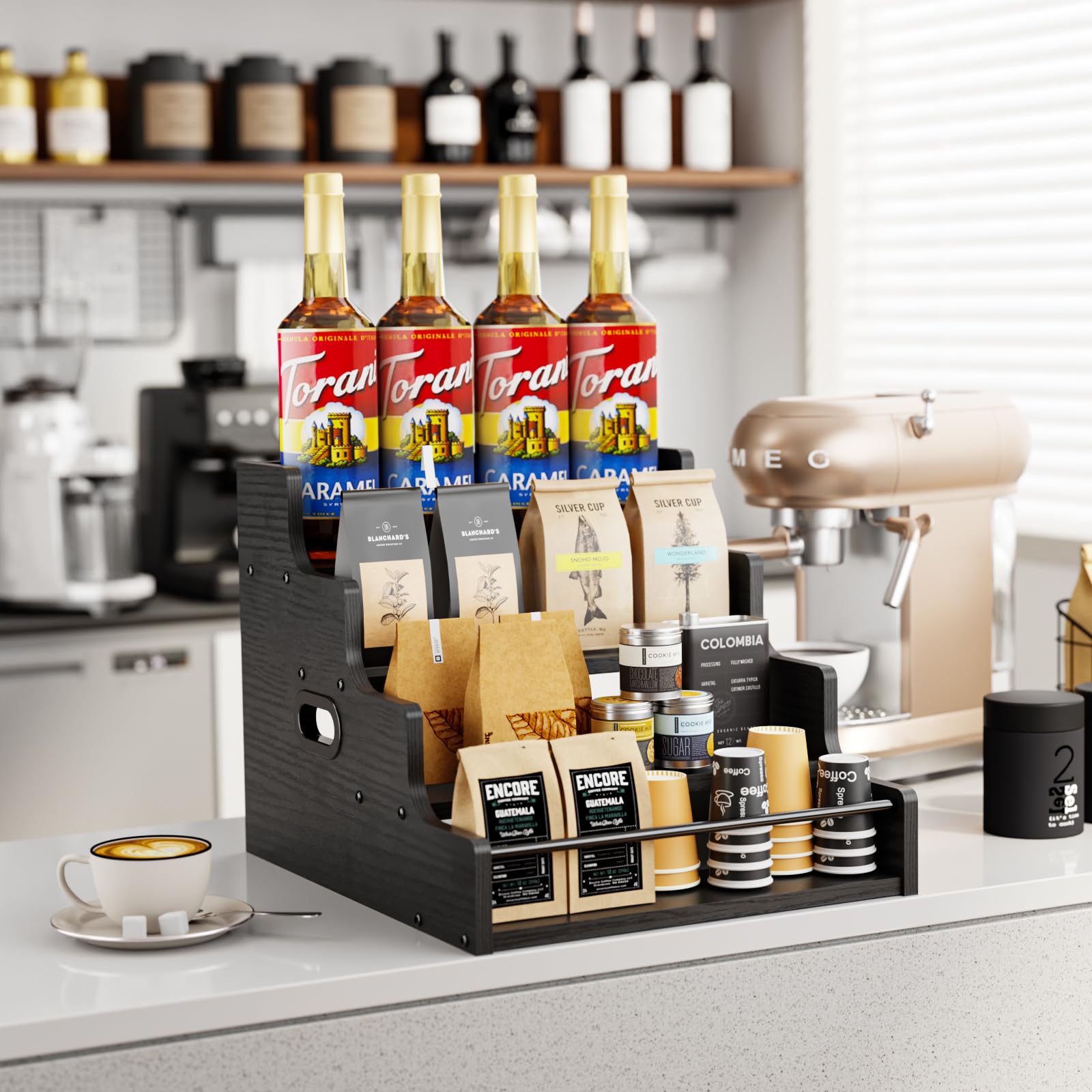 KLM four-tier countertop rack displaying bottles across graduated levels