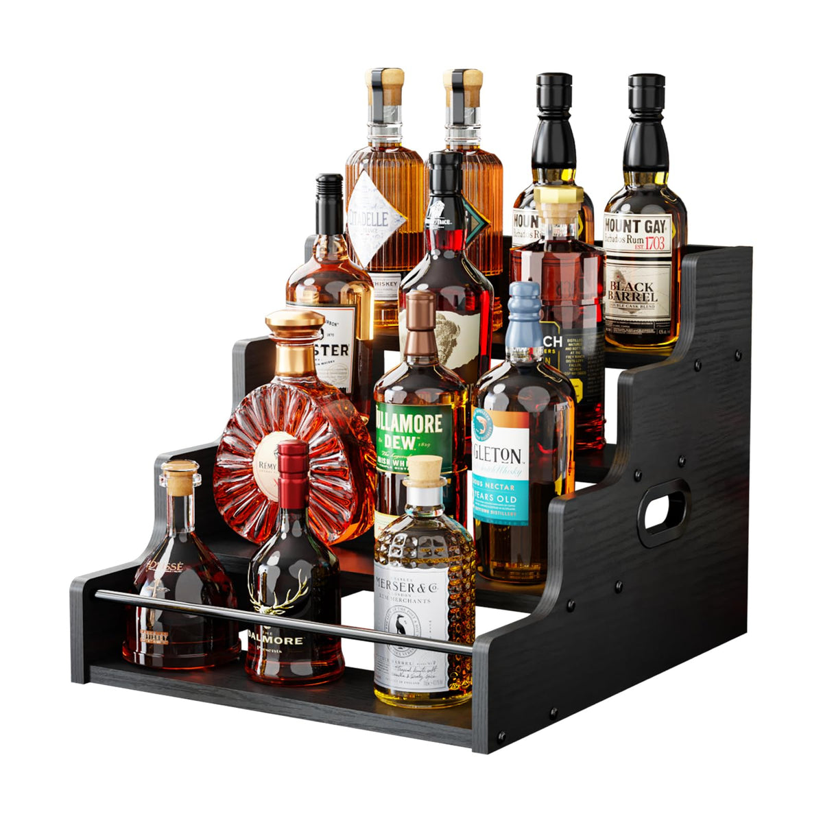 KLM liquor bottle display shelf shown with bottles arranged neatly for easy access