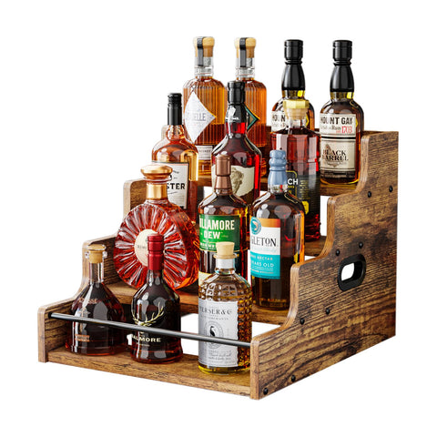 KLM Liquor Bottle Display Shelf on a counter showing organized bottles.