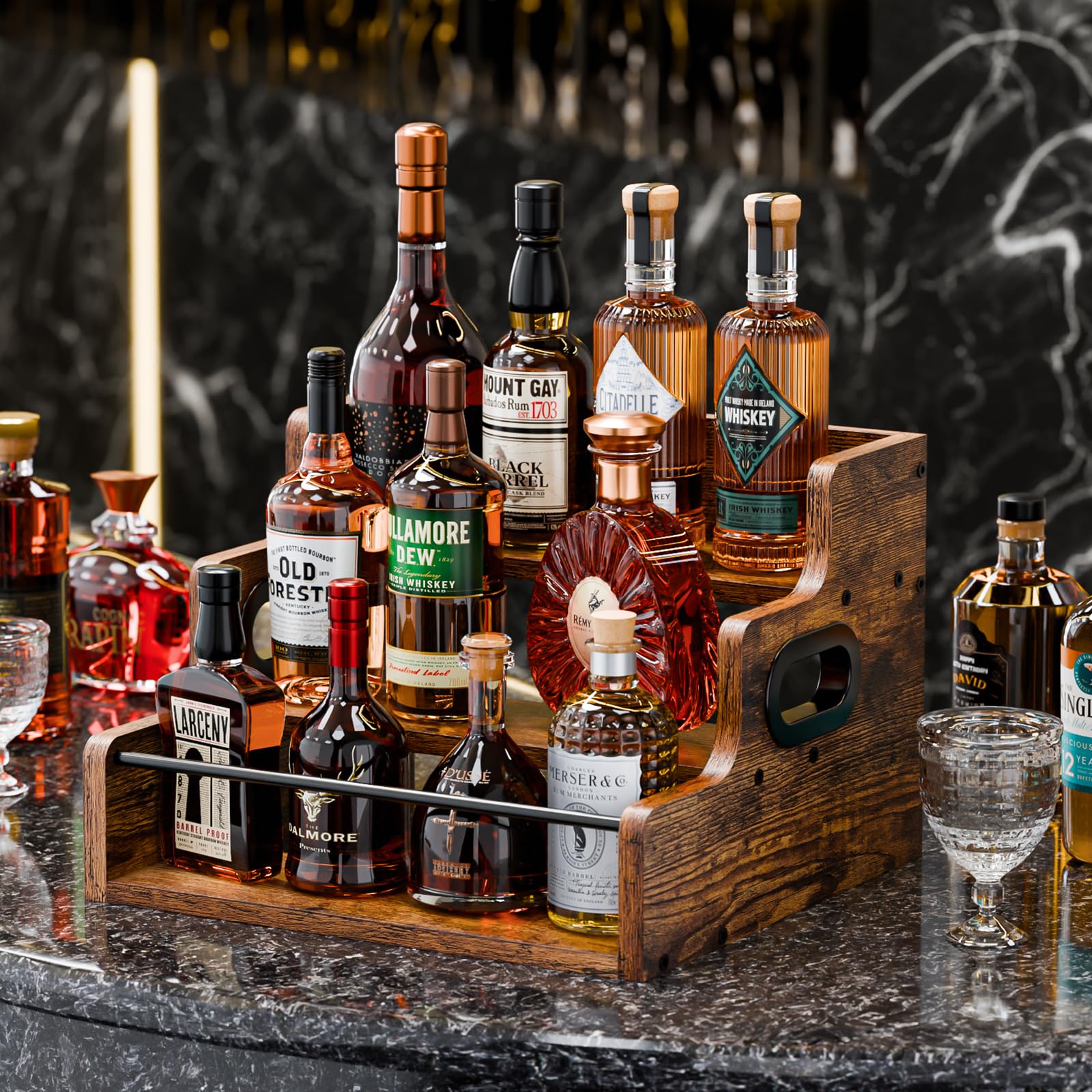 KLM 3-tier side view bottle rack demonstrates compact countertop portability for small spaces