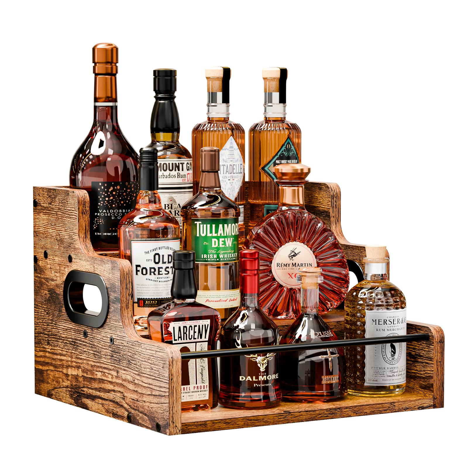 KLM 3-tier top view liquor display shelf highlighting organized bottle tiers for a stylish home bar