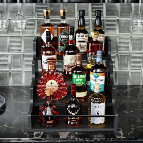 KLM whiskey bottle display highlighting varied bottle heights and visibility